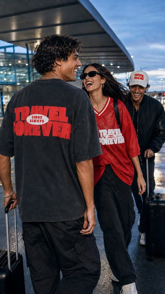 Three friends pulling suitcases and laughing outside an airport terminal at twilight, wearing Travel Forever apparel.